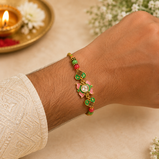 Green & Pink Floral Traditional Rakhi