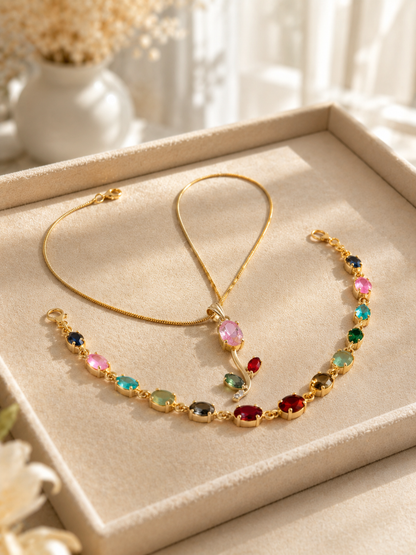 Gold Tone Bracelet & Pendant Necklace Set