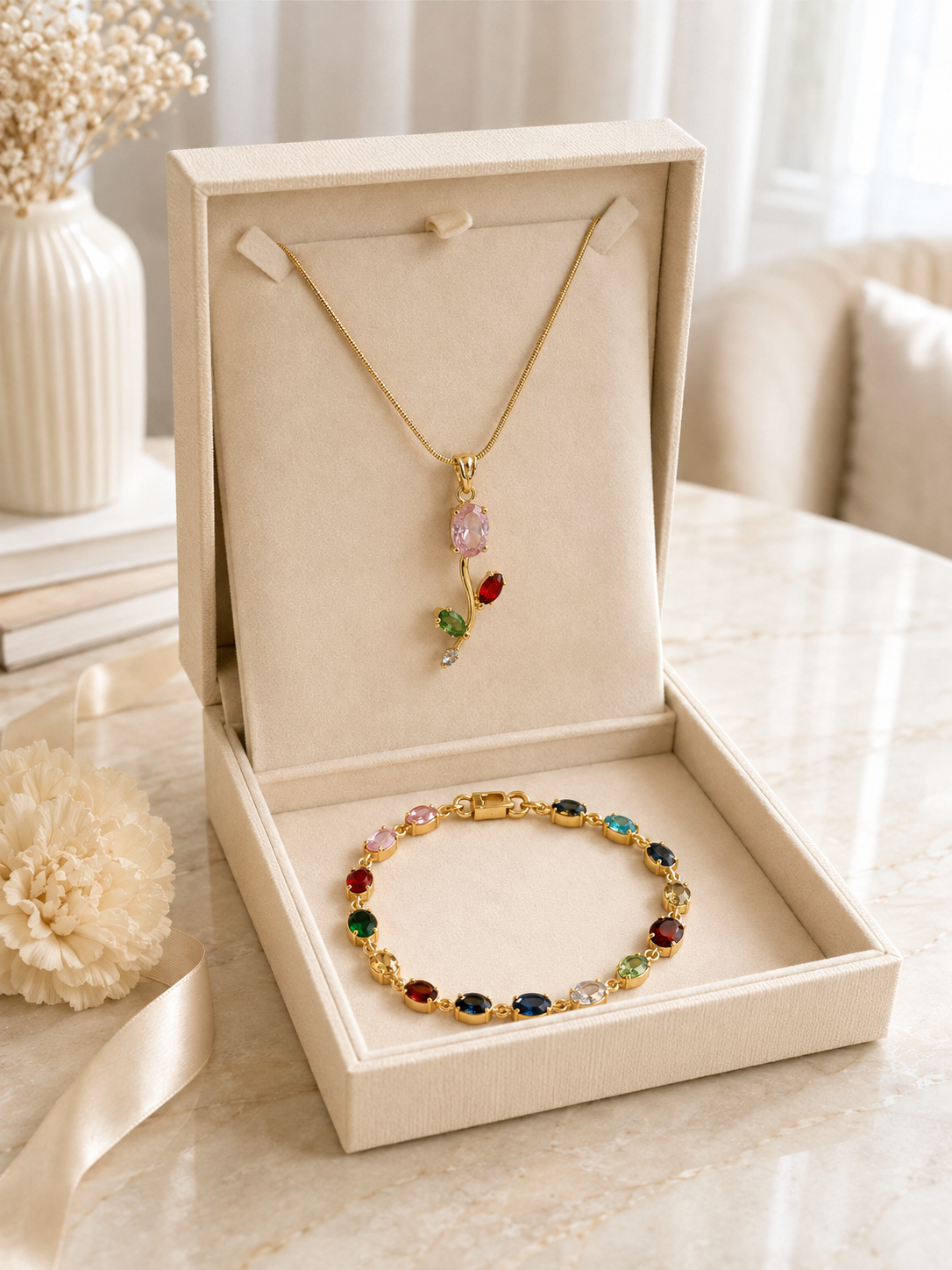 Gold Tone Bracelet & Pendant Necklace Set