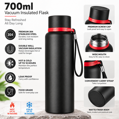 customizable Insulated Stainless Steel Flask with Carry Strap 700ml