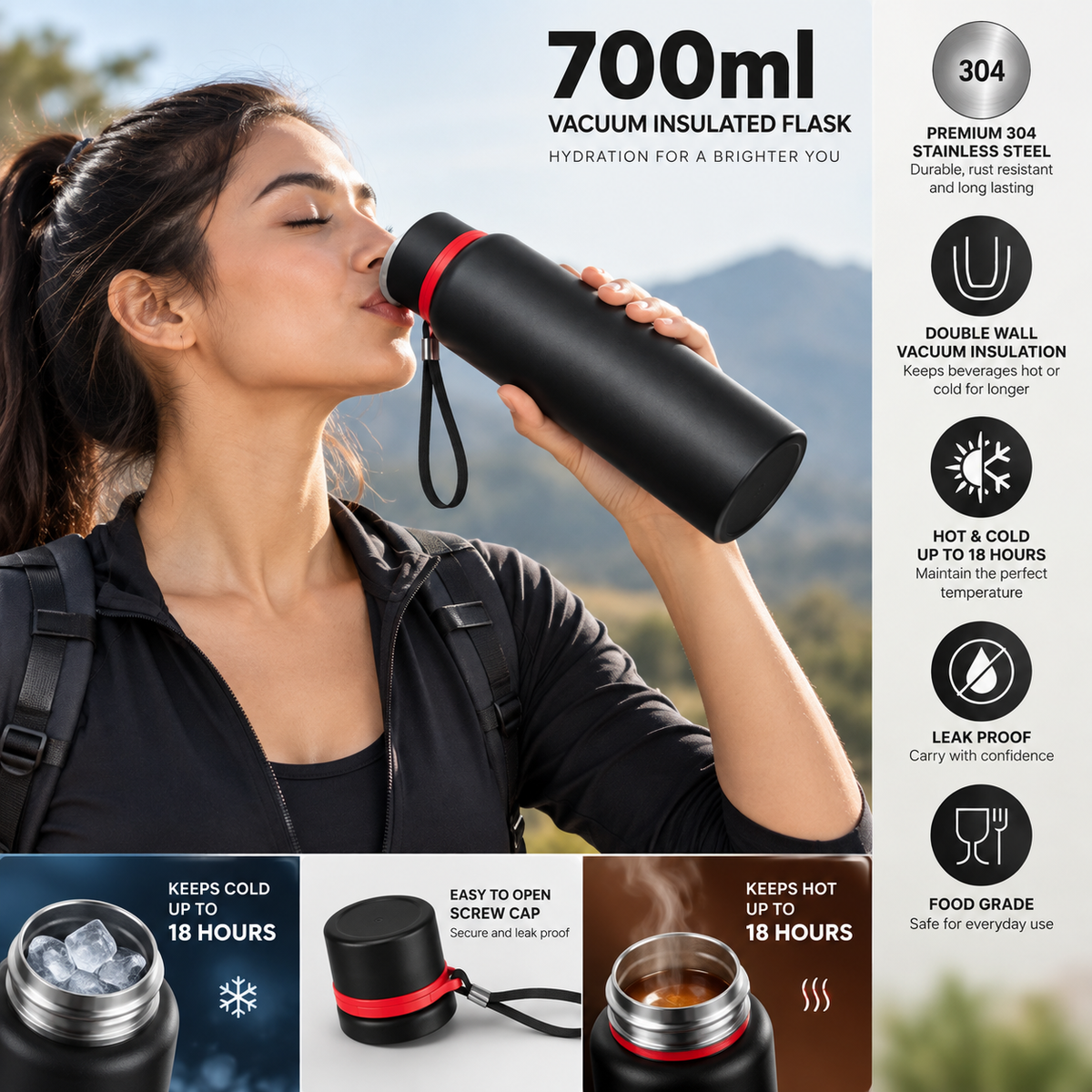 customizable Insulated Stainless Steel Flask with Carry Strap 700ml
