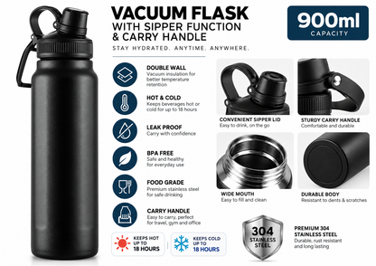 customizable Stainless Steel Flask with Carry Handle 900ml