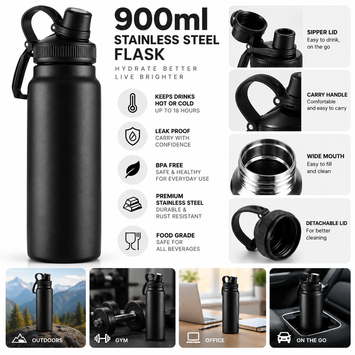 customizable Stainless Steel Flask with Carry Handle 900ml