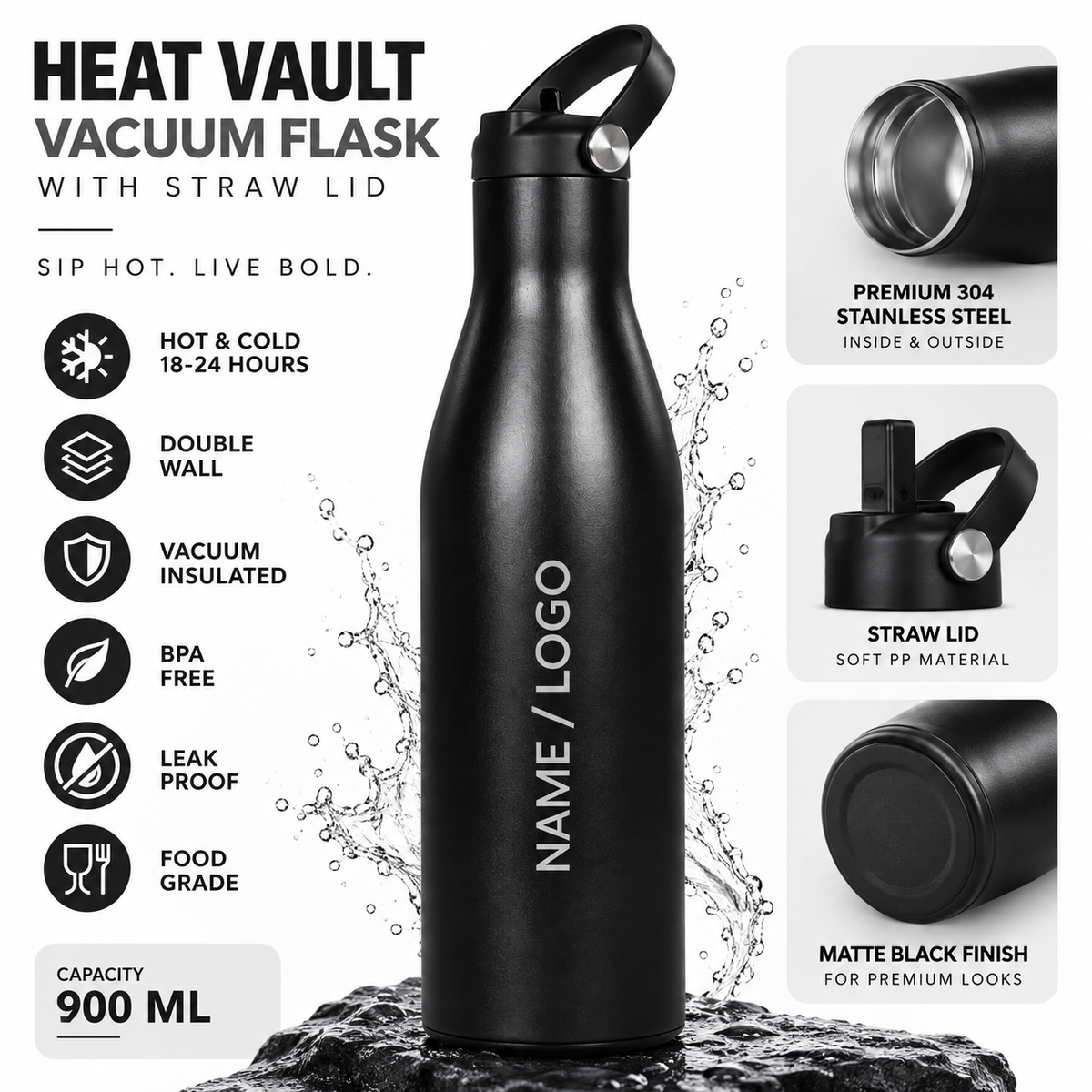customizable Flask with Straw Lid 900ML