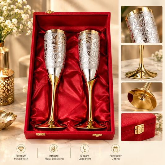 Floral Engraved Pure Brass Champagne Glasses