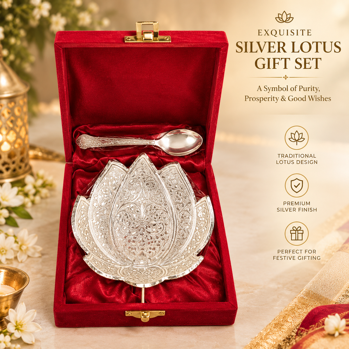 Lotus Bowl & Spoon Set with Velvet Gift Box