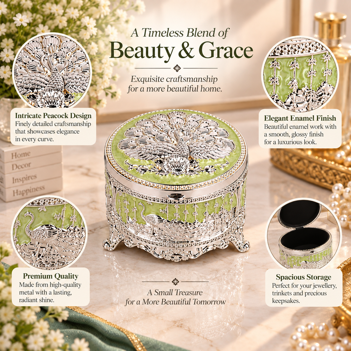 Peacock Jewellery Storage Box With Lid