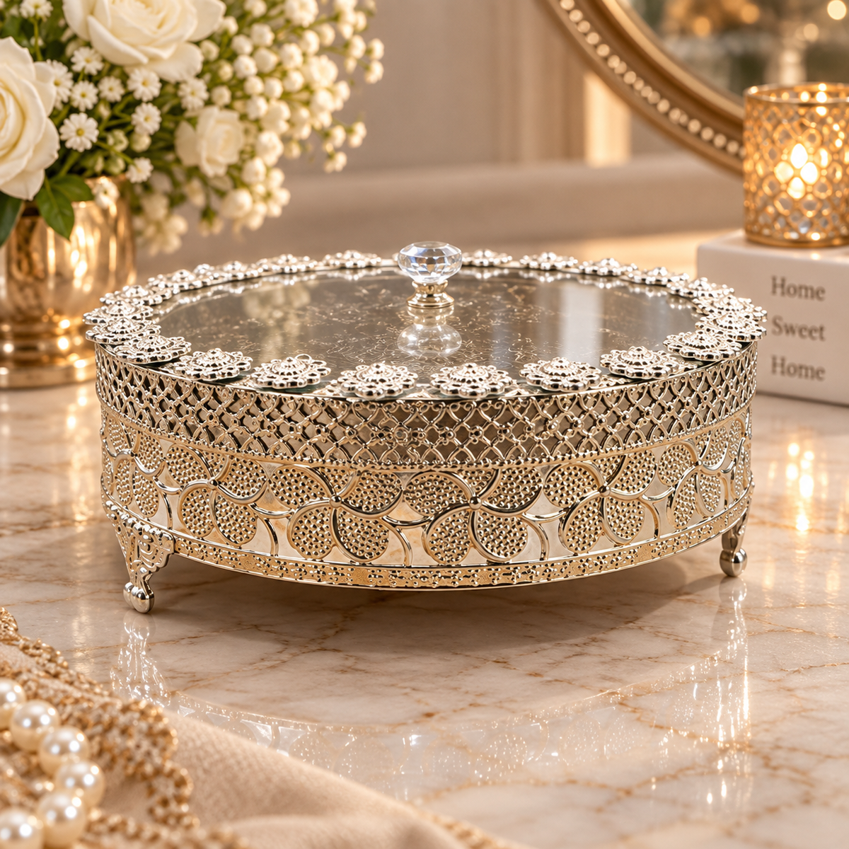 Silver Decorative Floral Round Box With Lid