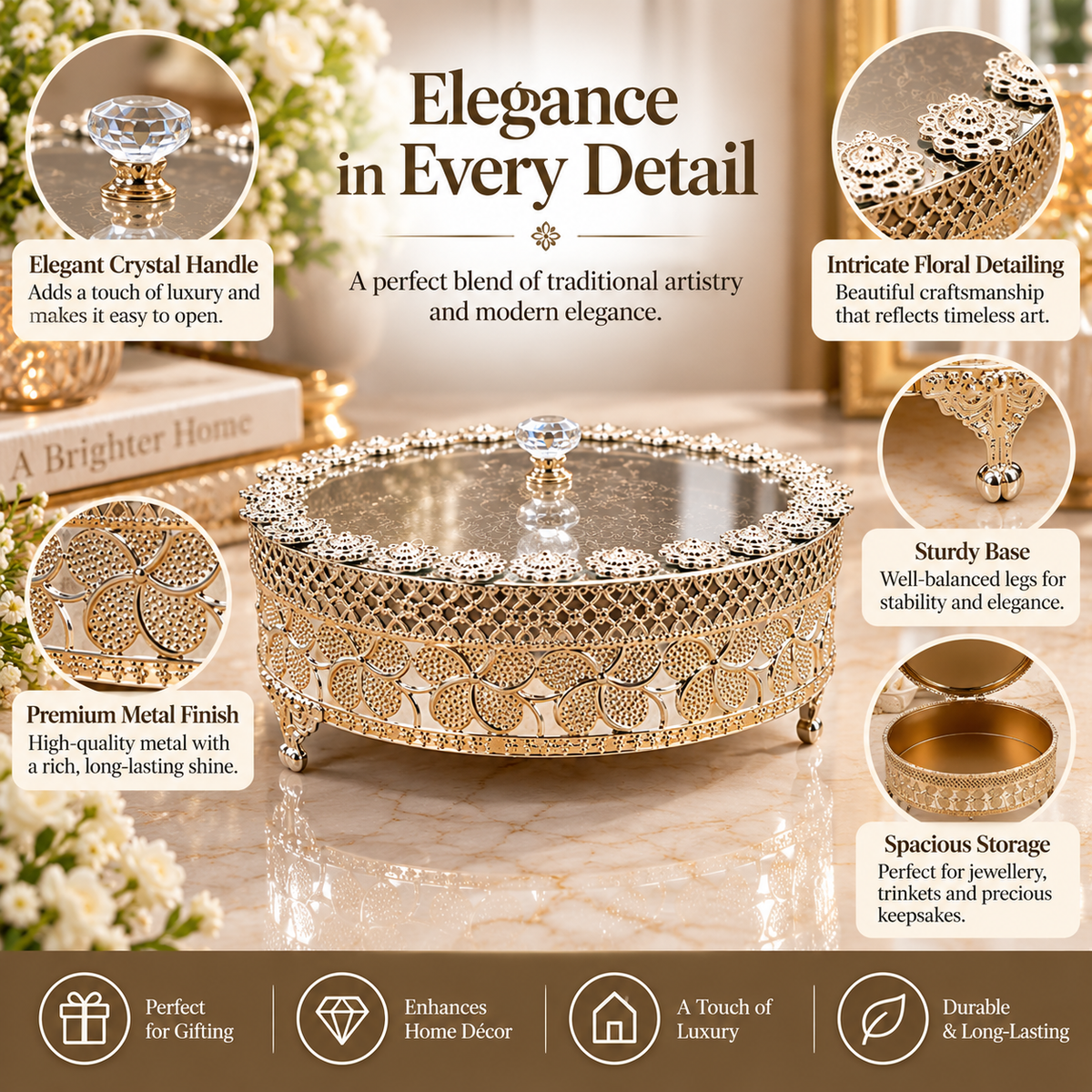 Silver Decorative Floral Round Box With Lid
