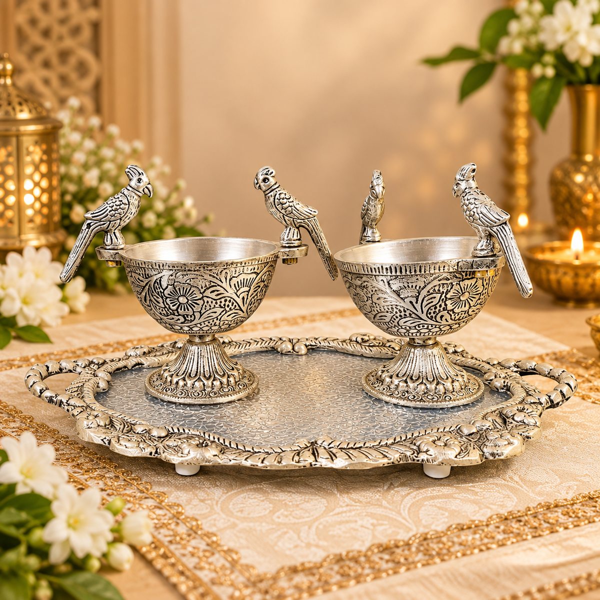 Decorative Peacock Bowl Set With Designer Serving Tray