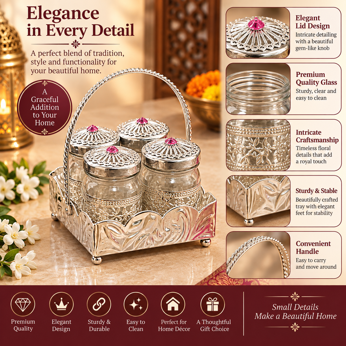 Royal Silver Decorative Glass Jar Set with Ornate Tray & Jewel-Topped Lids