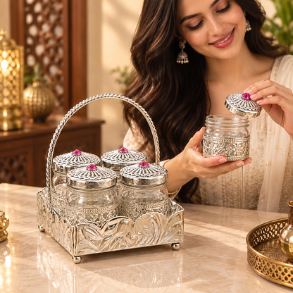 Royal Silver Decorative Glass Jar Set with Ornate Tray & Jewel-Topped Lids