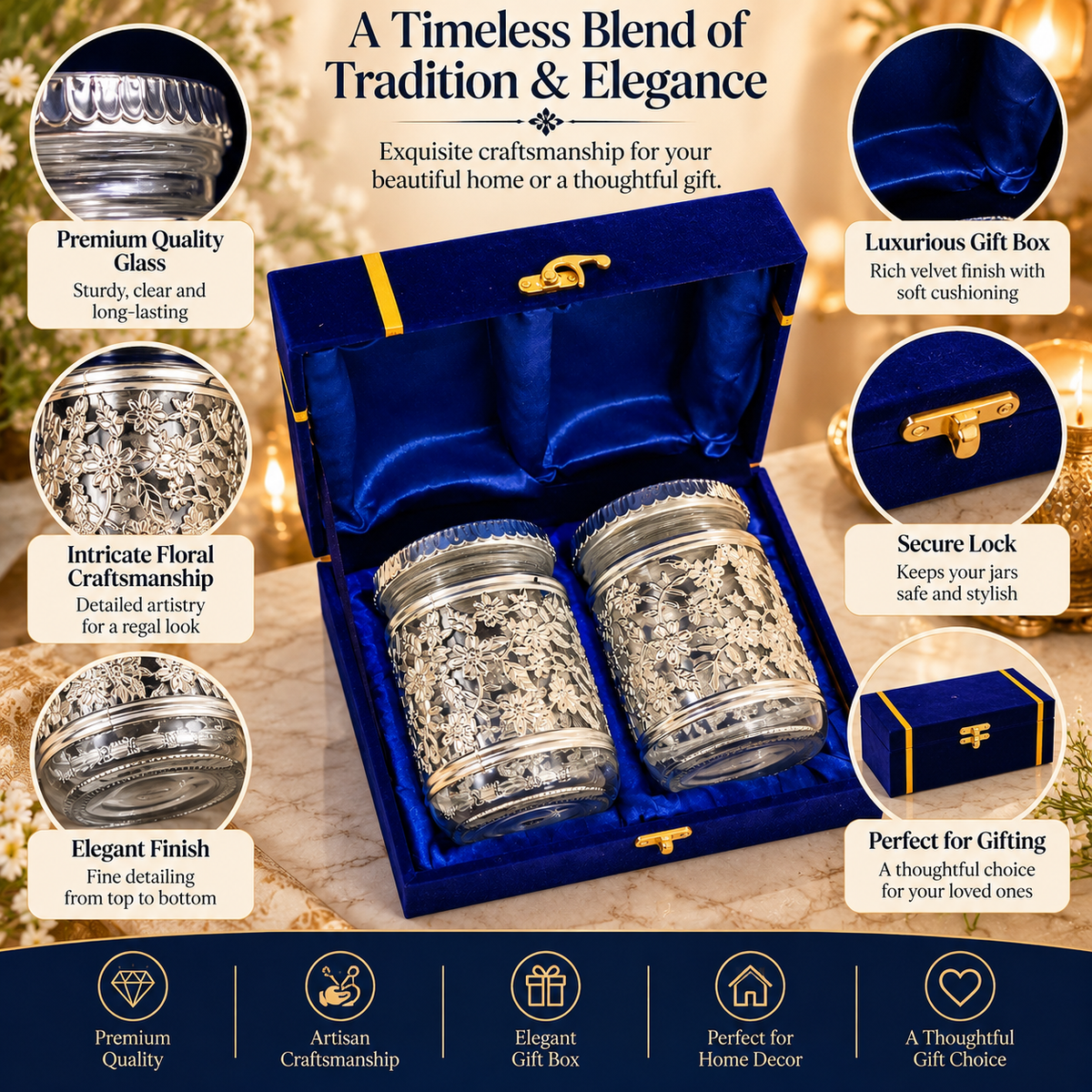 Germen Silver Glass Jar Set Gift Box 250ml Each