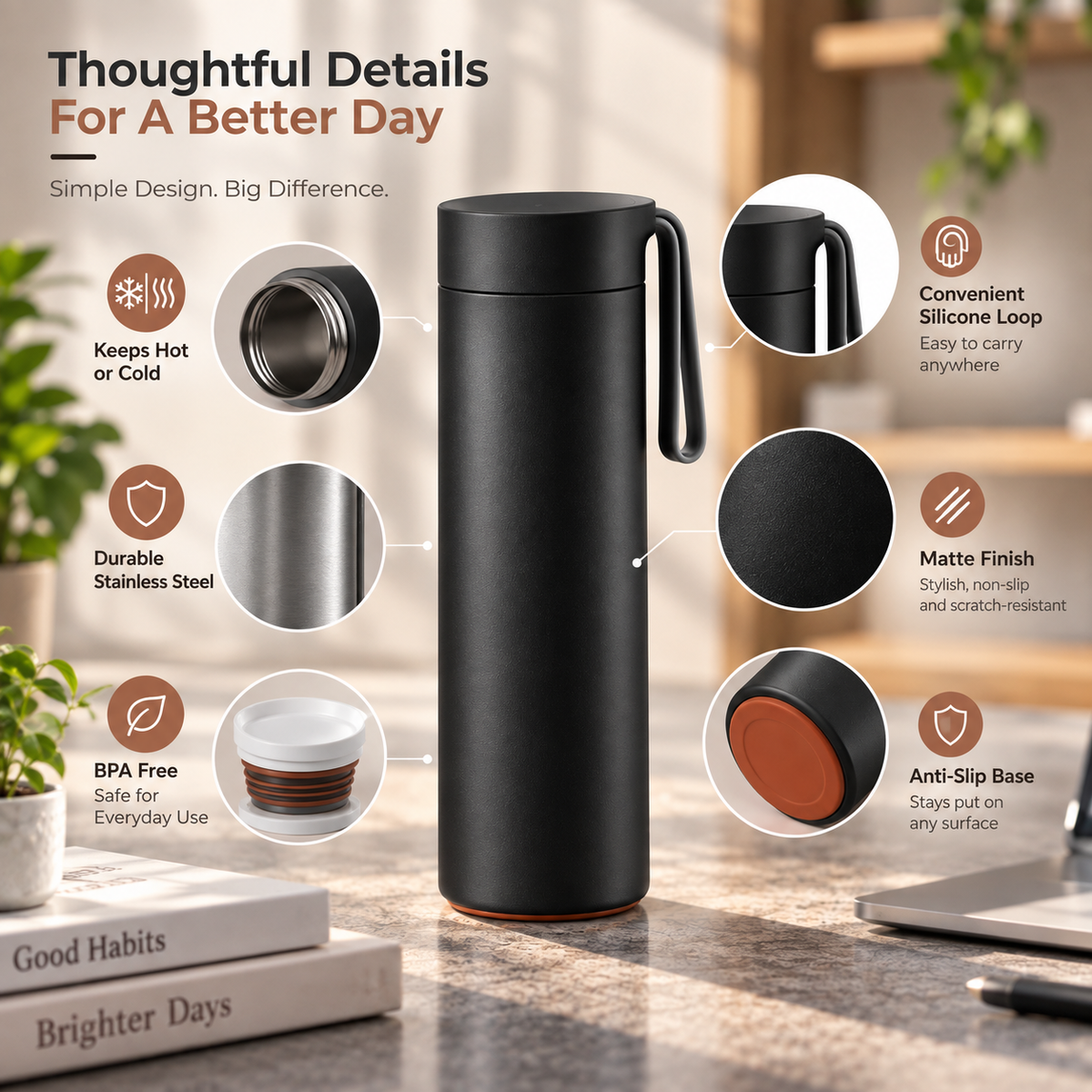 Thermal Suction Vacuum Bottle – Anti-Slip No-Fall Insulated Bottle