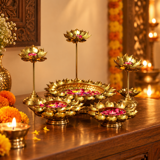 Lotus Diya Set For Festive Home Decoration