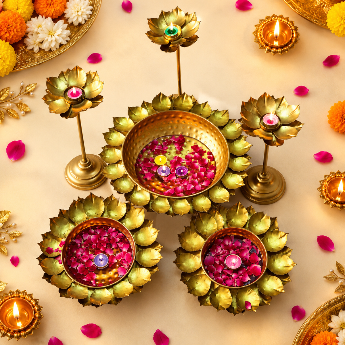 Lotus Diya Set For Festive Home Decoration