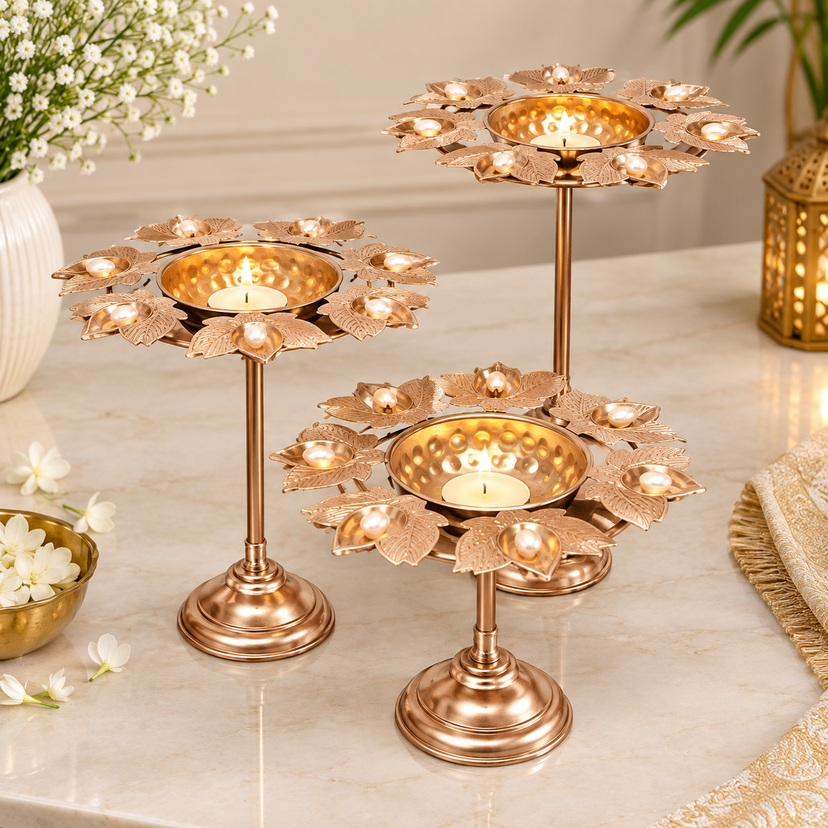 Rose Gold Decorative Lotus Diya Set For Decor