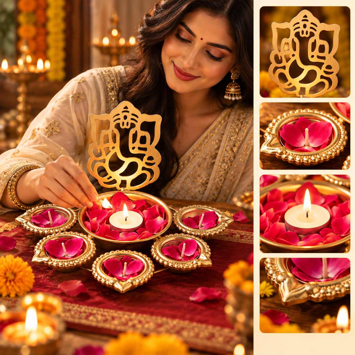 Gold Ganesha Diya Stand Set with Central Petal Bowl
