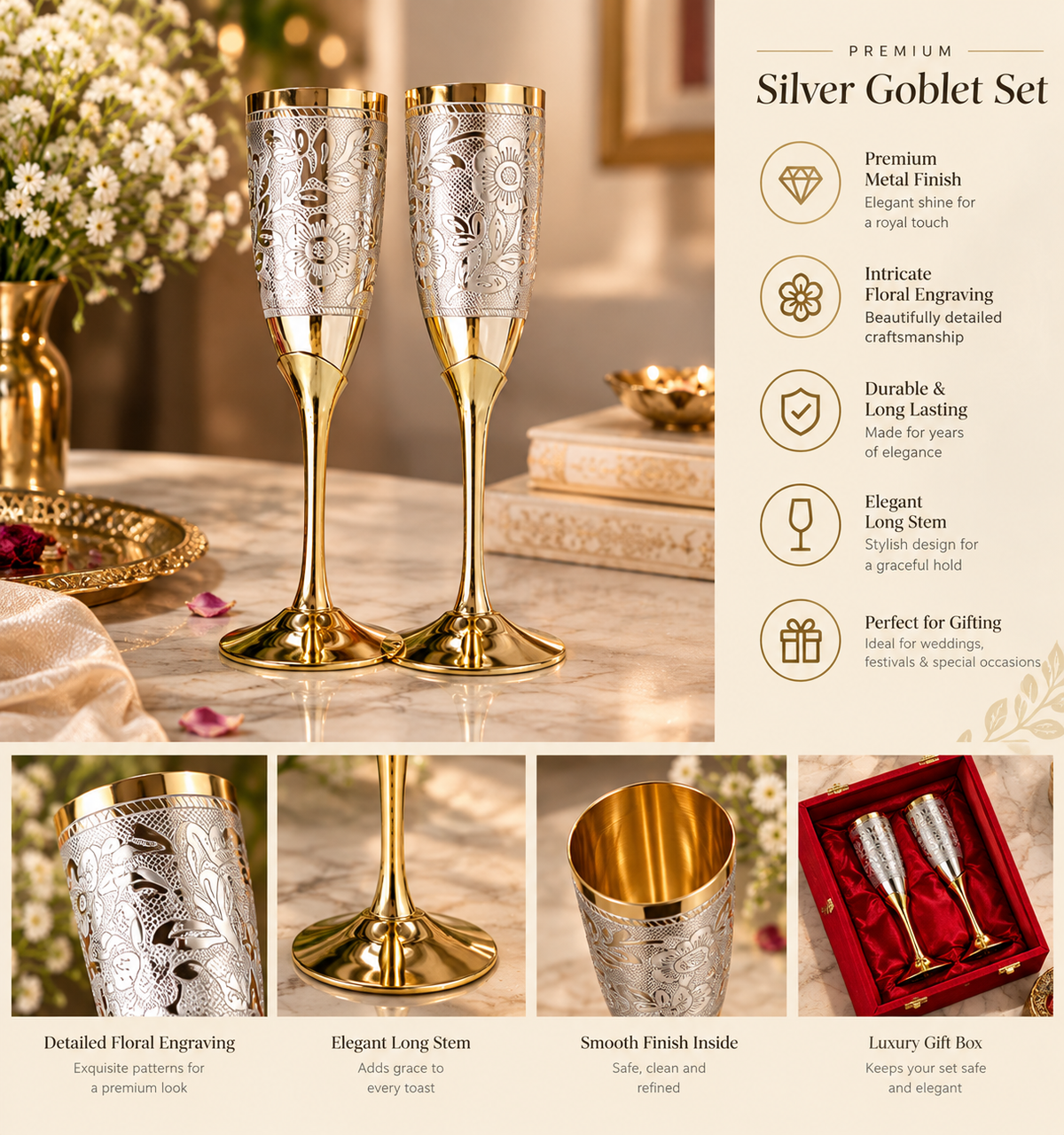 Floral Engraved Pure Brass Champagne Glasses