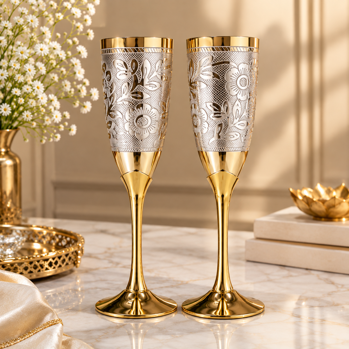 Floral Engraved Pure Brass Champagne Glasses