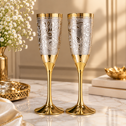 Floral Engraved Pure Brass Champagne Glasses