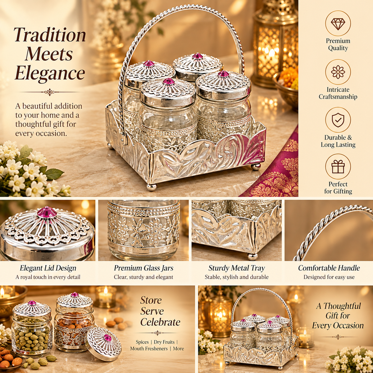 Royal Silver Decorative Glass Jar Set with Ornate Tray & Jewel-Topped Lids