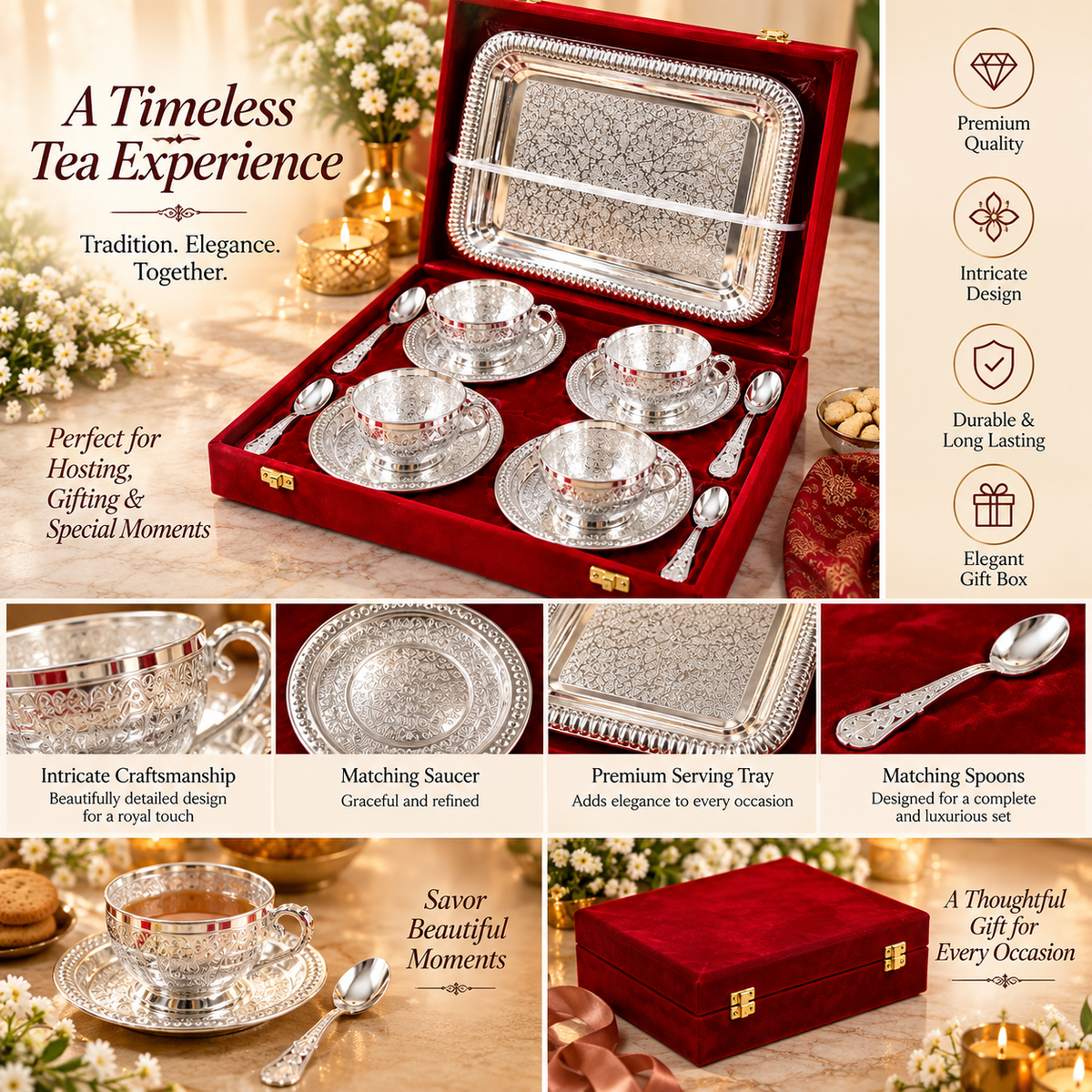 Pure Brass Tea Cup Set With Tray
