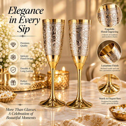 Floral Engraved Pure Brass Champagne Glasses