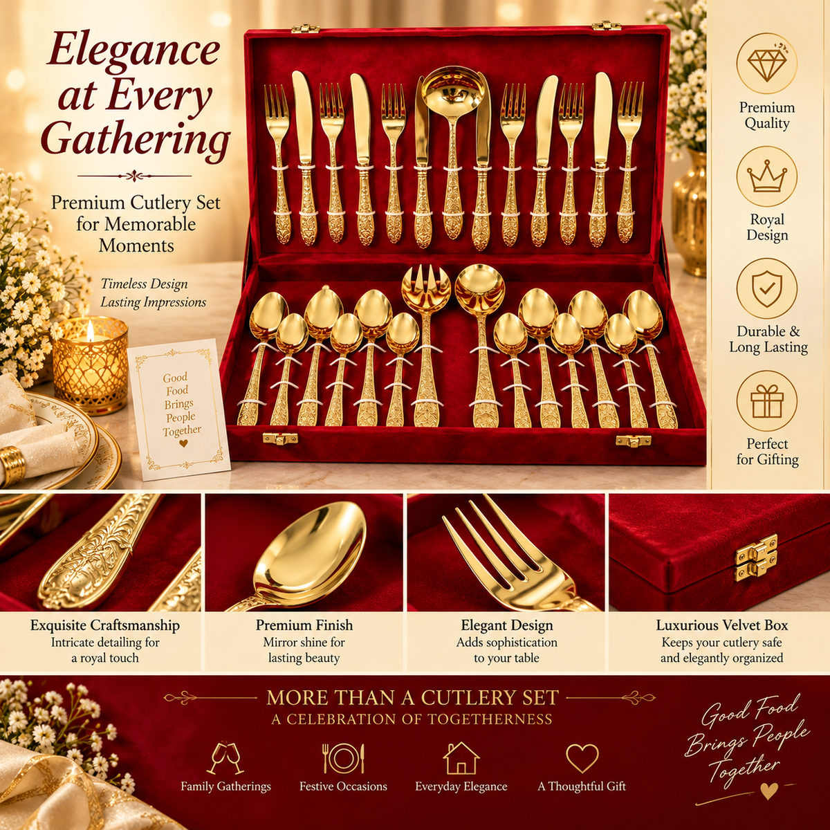 Gold Tone Engraved Pure Brass Cutlery Gift Set