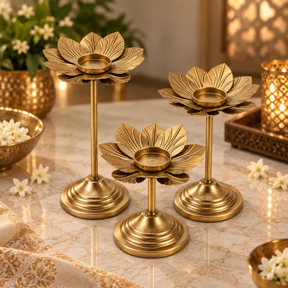3-Piece Gold Lotus Diya Candle Holder Stand Set