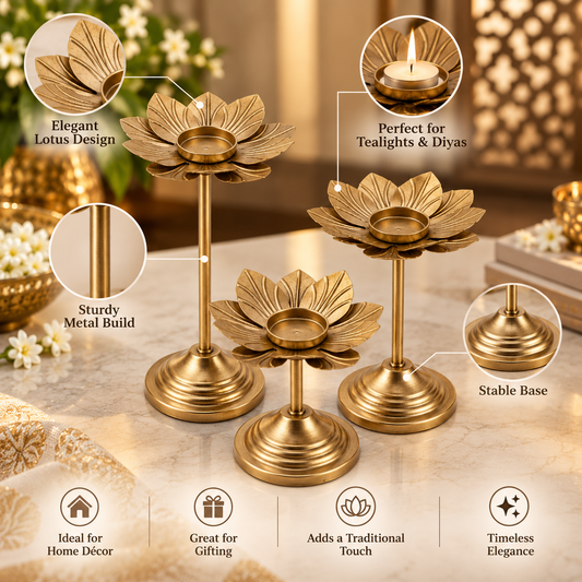 3-Piece Gold Lotus Diya Candle Holder Stand Set