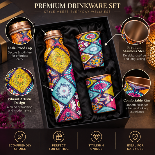 3-Piece Printed Copper Water Bottle & Glass Gift Set
