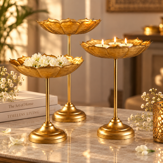3-Piece Gold Metal Lotus Urli Bowl Stand Set