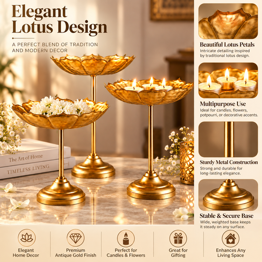 3-Piece Gold Metal Lotus Urli Bowl Stand Set