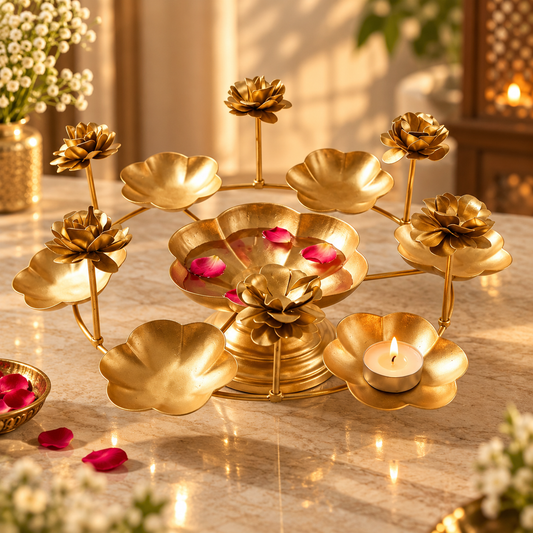 Multi-Tier Lotus Flower Diya Holder & Urli Bowl Centerpiece