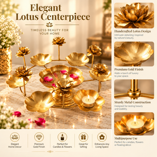Multi-Tier Lotus Flower Diya Holder & Urli Bowl Centerpiece