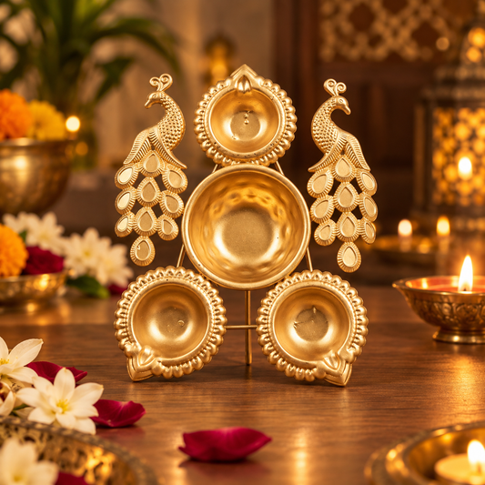 Artisanal Butterfly Design Gold Urli with Diya Set