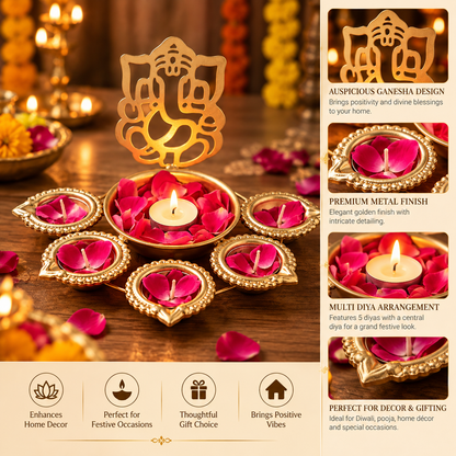 Gold Ganesha Diya Stand Set with Central Petal Bowl
