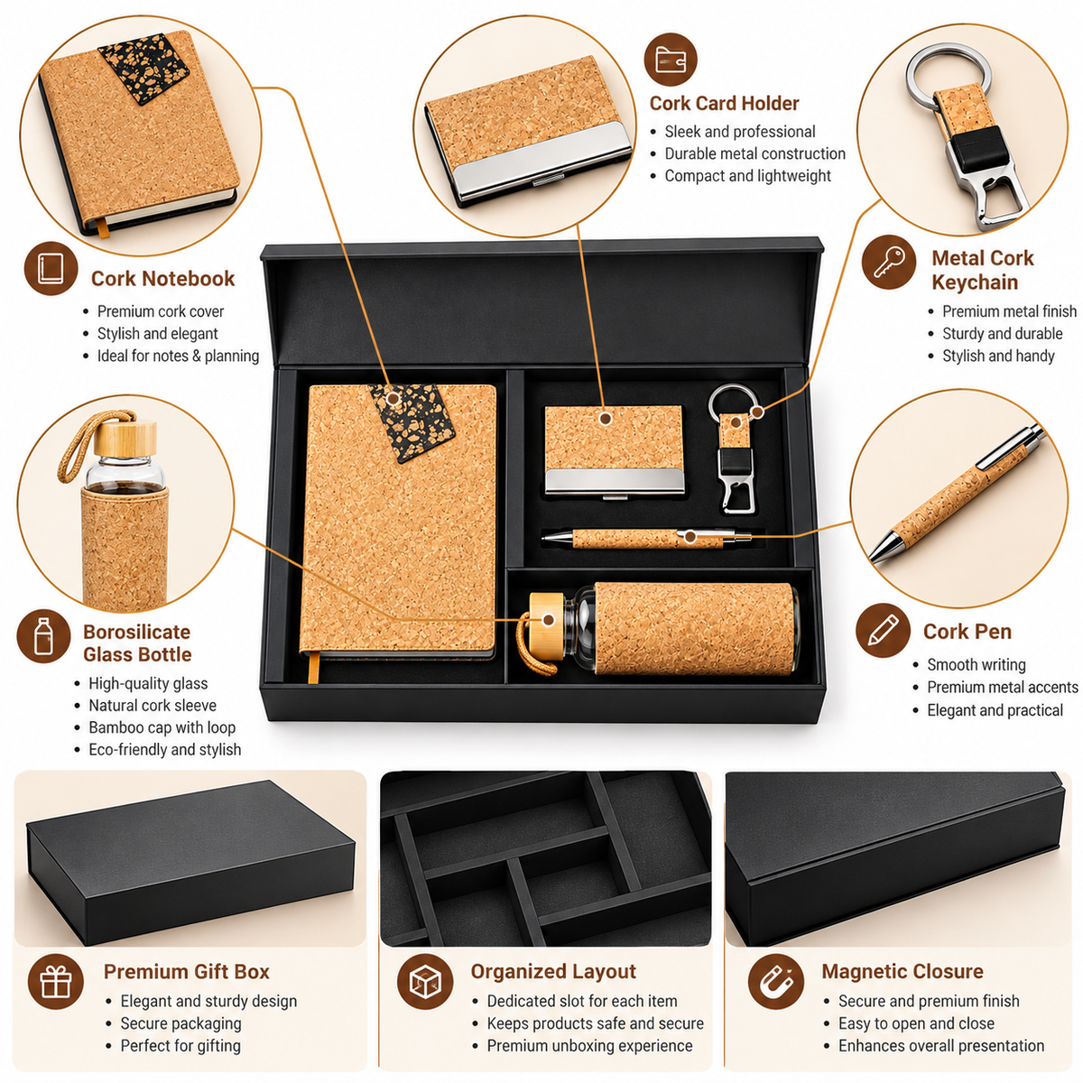 Compact 5-Piece Cork Corporate Gift Set with Cork Notebook, Pen, Metal Keychain, Card Holder & Borosilicate Glass Bottle