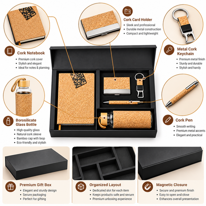Compact 5-Piece Cork Corporate Gift Set with Cork Notebook, Pen, Metal Keychain, Card Holder & Borosilicate Glass Bottle