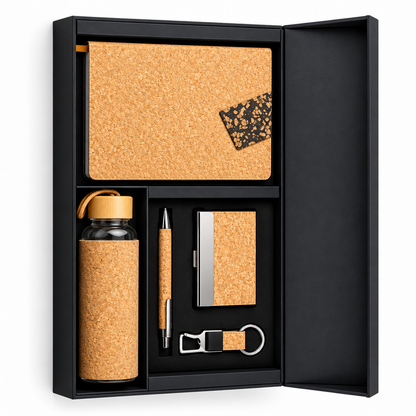Compact 5-Piece Cork Corporate Gift Set with Cork Notebook, Pen, Metal Keychain, Card Holder & Borosilicate Glass Bottle