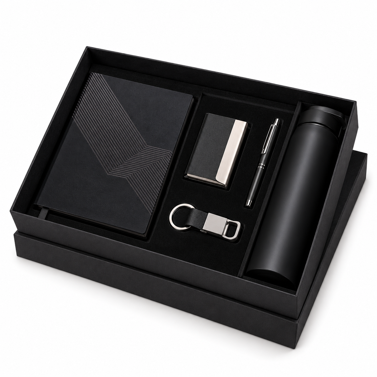 Premium 5-in-1 Corporate Gift Set with A5 Notebook, Steel Bottle, Metal Pen, Card Holder & Keychain in Luxury Black Gift Box