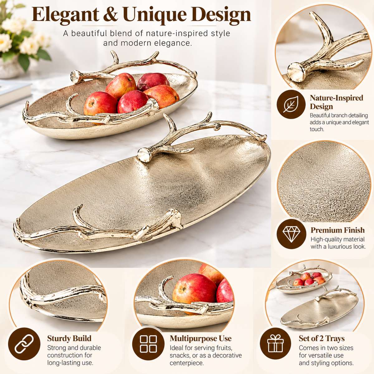 Luxury Metallic Oval Serving Trays with Elegant Branch Design