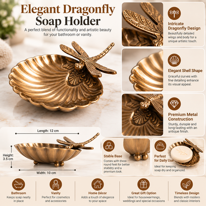 Elegant Antique Gold Dragonfly Shell Soap Holder – Decorative Metal Soap Dish for Bathroom, Vanity & Home Décor