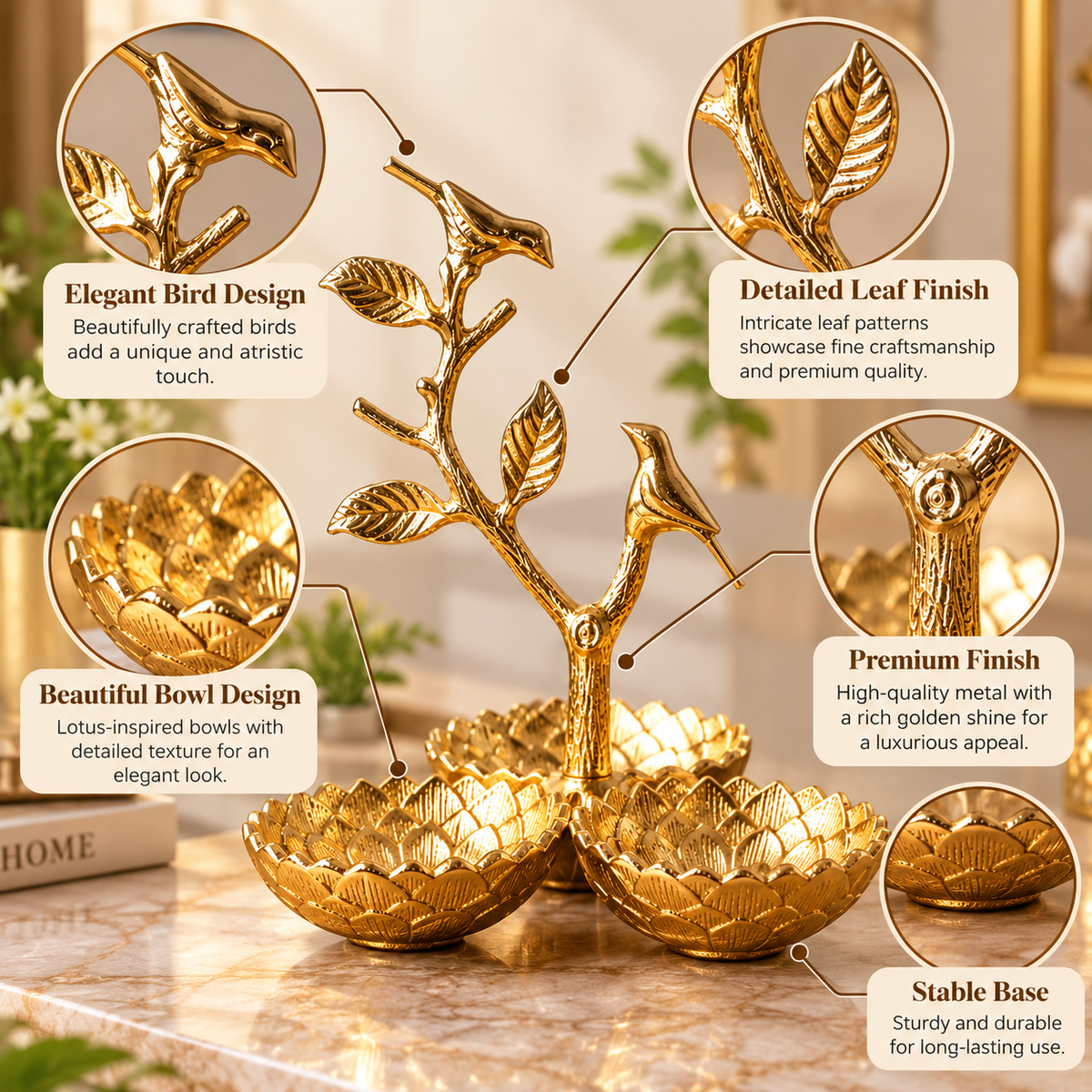 Elegant Gold Bird Branch Decorative Tray with 3 Lotus Bowls