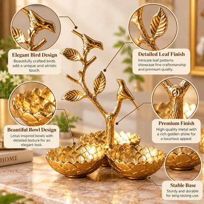 Elegant Gold Bird Branch Decorative Tray with 3 Lotus Bowls