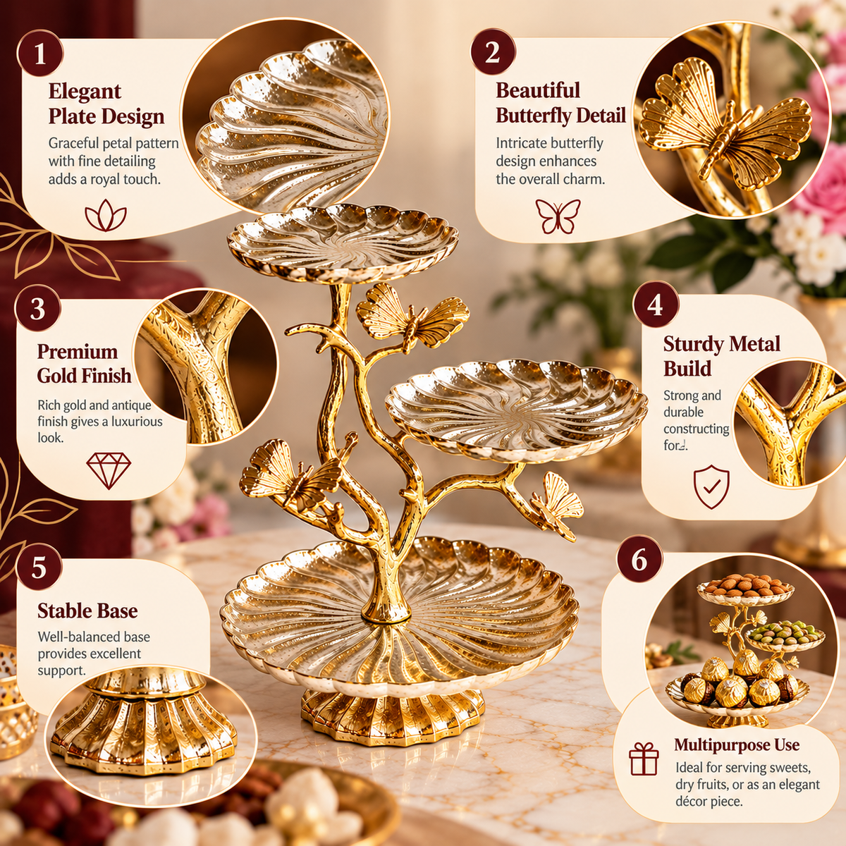 Elegant Gold Butterfly 3-Tier Serving Stand – Luxury Design & Timeless Charm