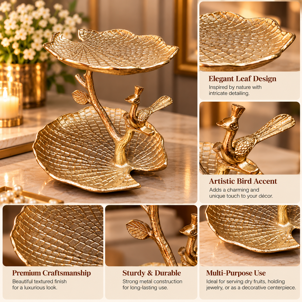 Elegant Gold Two-Tier Leaf Tray with Decorative Bird Accent – Luxury Metal Serving & Home Décor Stand