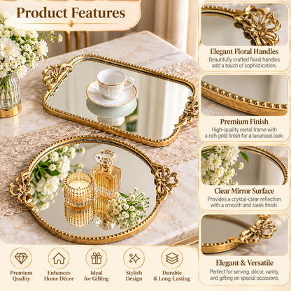 Luxury Gold Mirror Tray Set of 2 – Ornate Round & Rectangular Decorative Trays for Serving