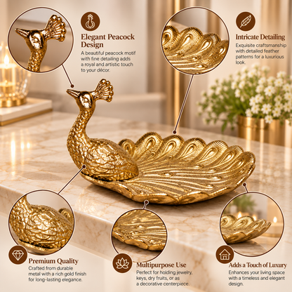 Elegant Antique Gold Peacock Tray – Decorative Metal Dish for Jewelry, Perfume, Dry Fruits & Luxury Home Décor